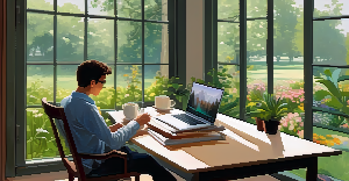 A person relaxing in a bright office, sipping tea while looking out at a garden.