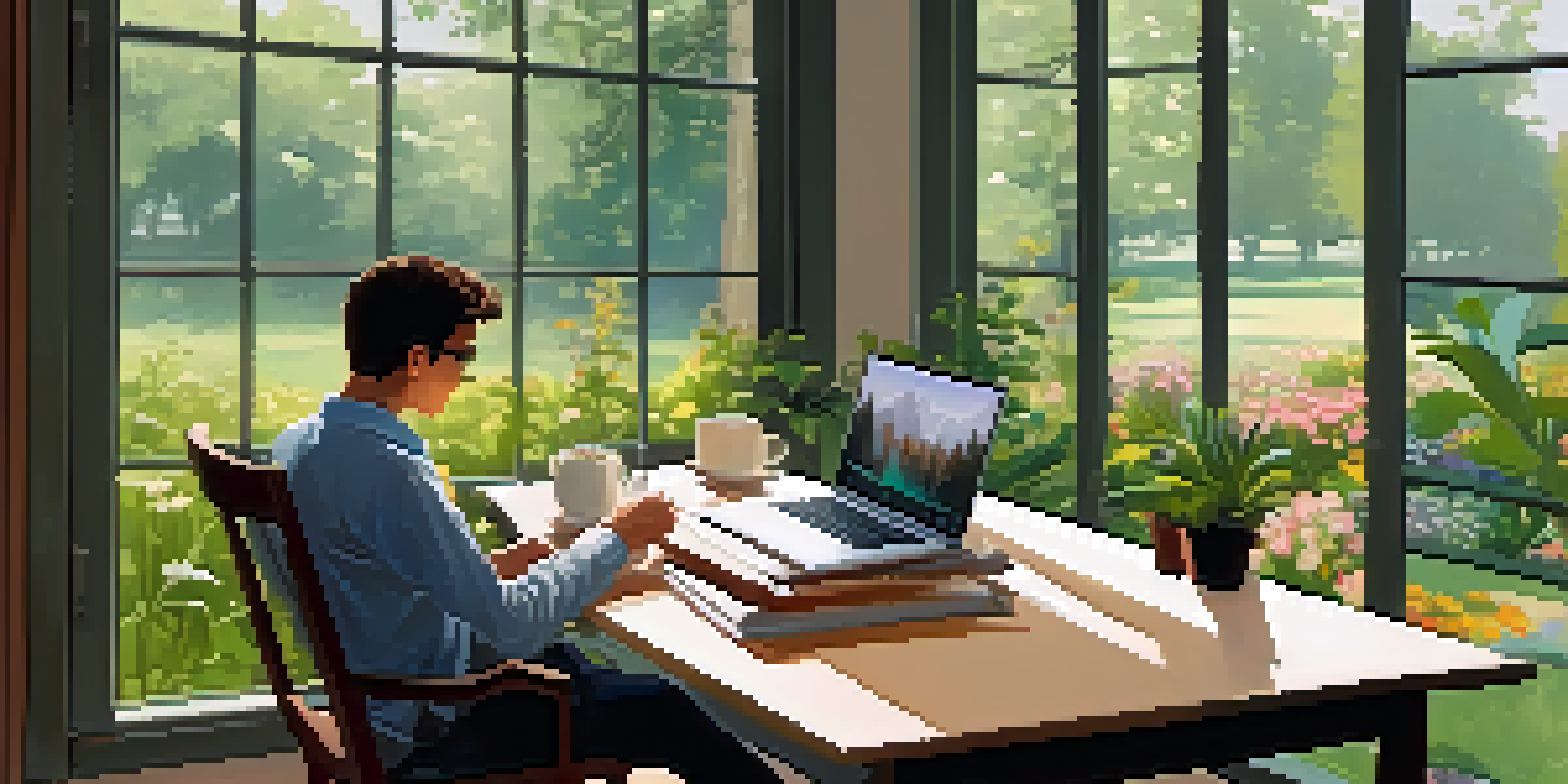 A person relaxing in a bright office, sipping tea while looking out at a garden.