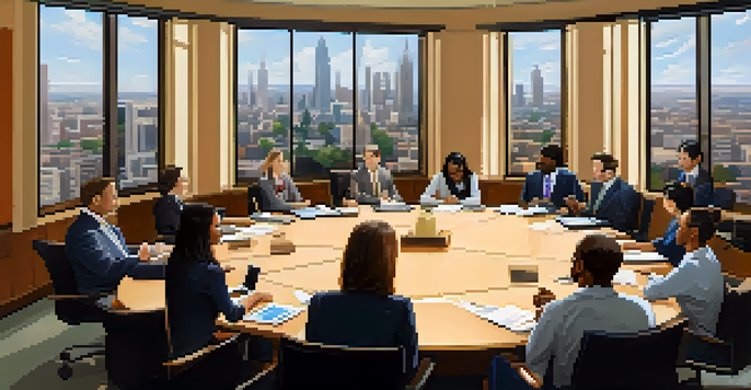 A diverse group of professionals in a meeting, discussing ideas around a conference table.