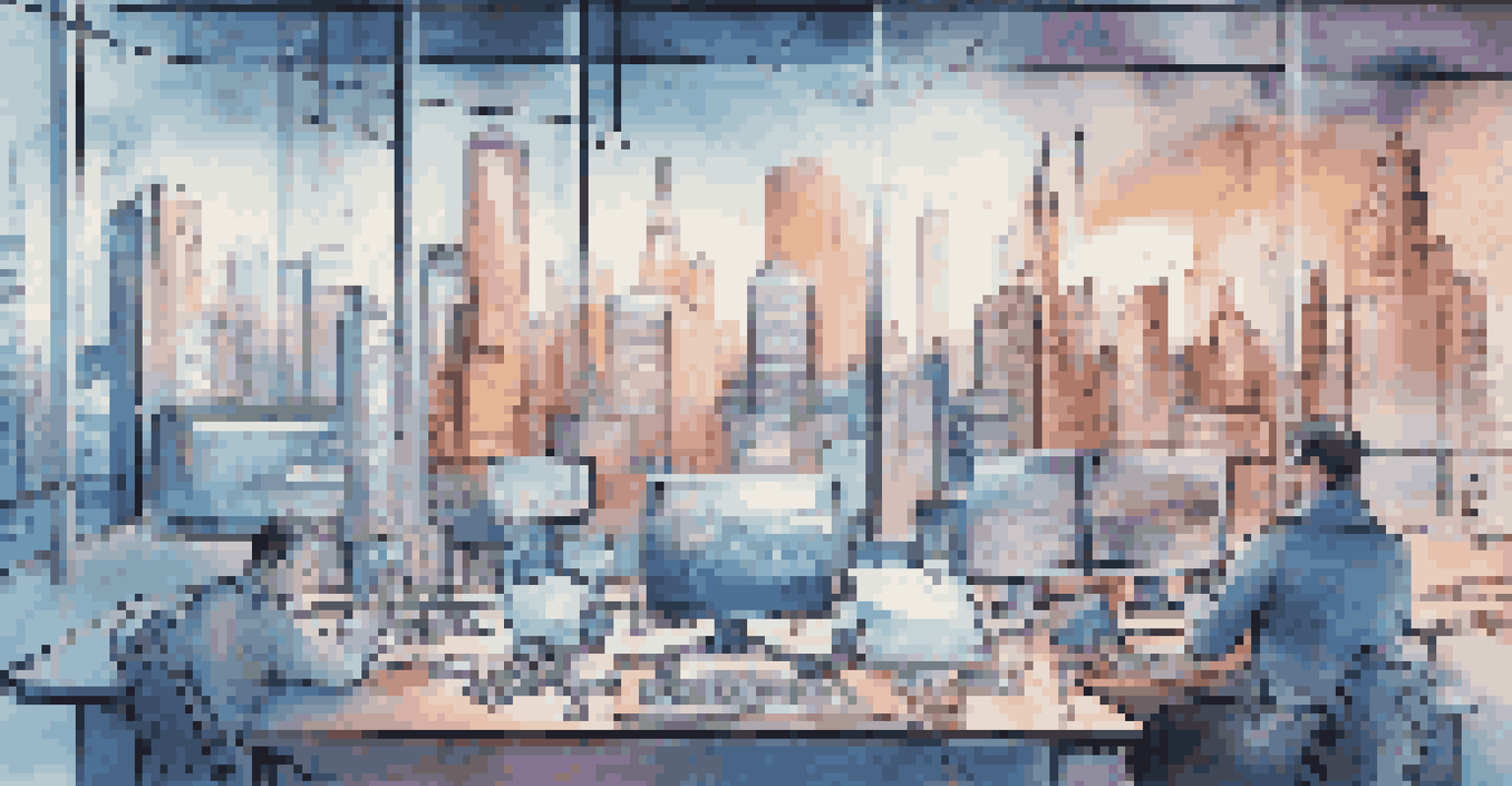 A digital workspace filled with tech tools and screens displaying data analytics, set against a futuristic city skyline, representing innovation.