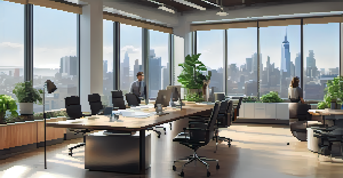 A bright modern office workspace with a wooden table and ergonomic chairs, featuring a view of a city skyline and potted plants.