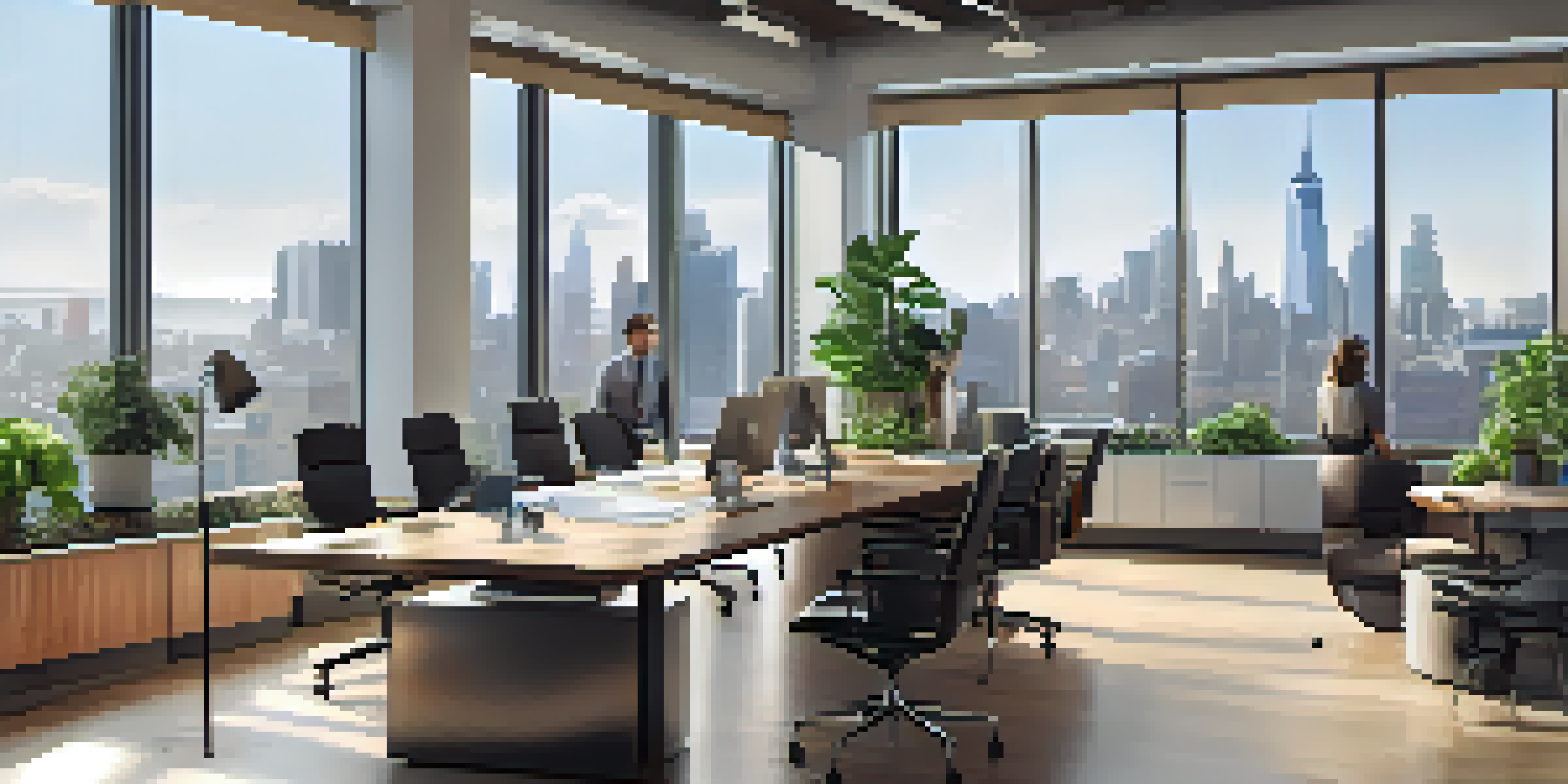A bright modern office workspace with a wooden table and ergonomic chairs, featuring a view of a city skyline and potted plants.