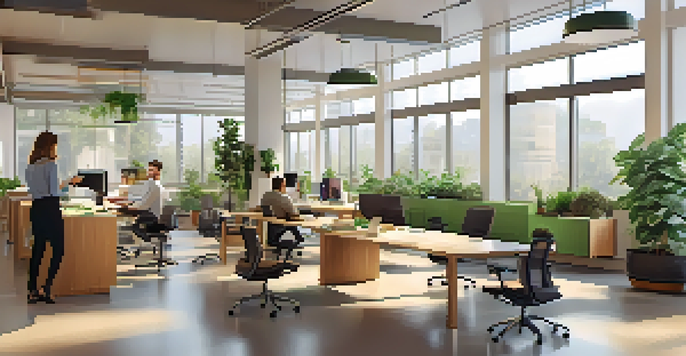 A bright and inviting office space with diverse employees collaborating and engaging in discussions.