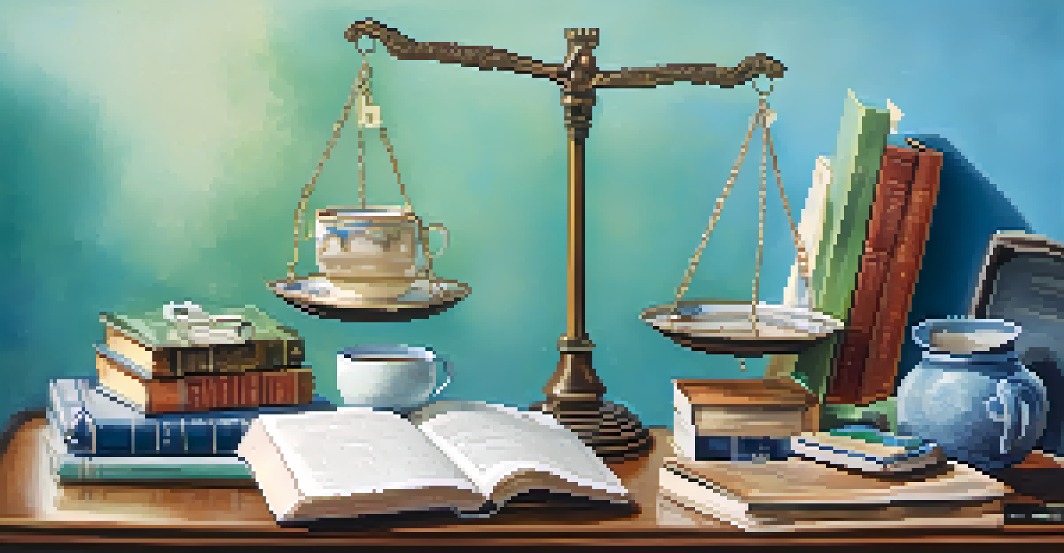 A balanced scale with office items on one side and personal items on the other, set against a soft gradient background.