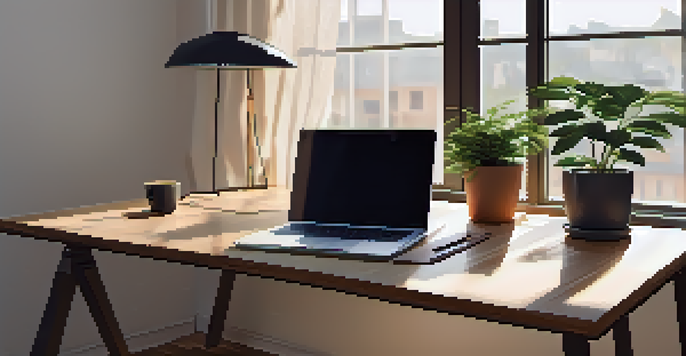 A calm office workspace with a wooden desk, laptop, notepad, coffee cup, and a potted plant, illuminated by sunlight from a large window.
