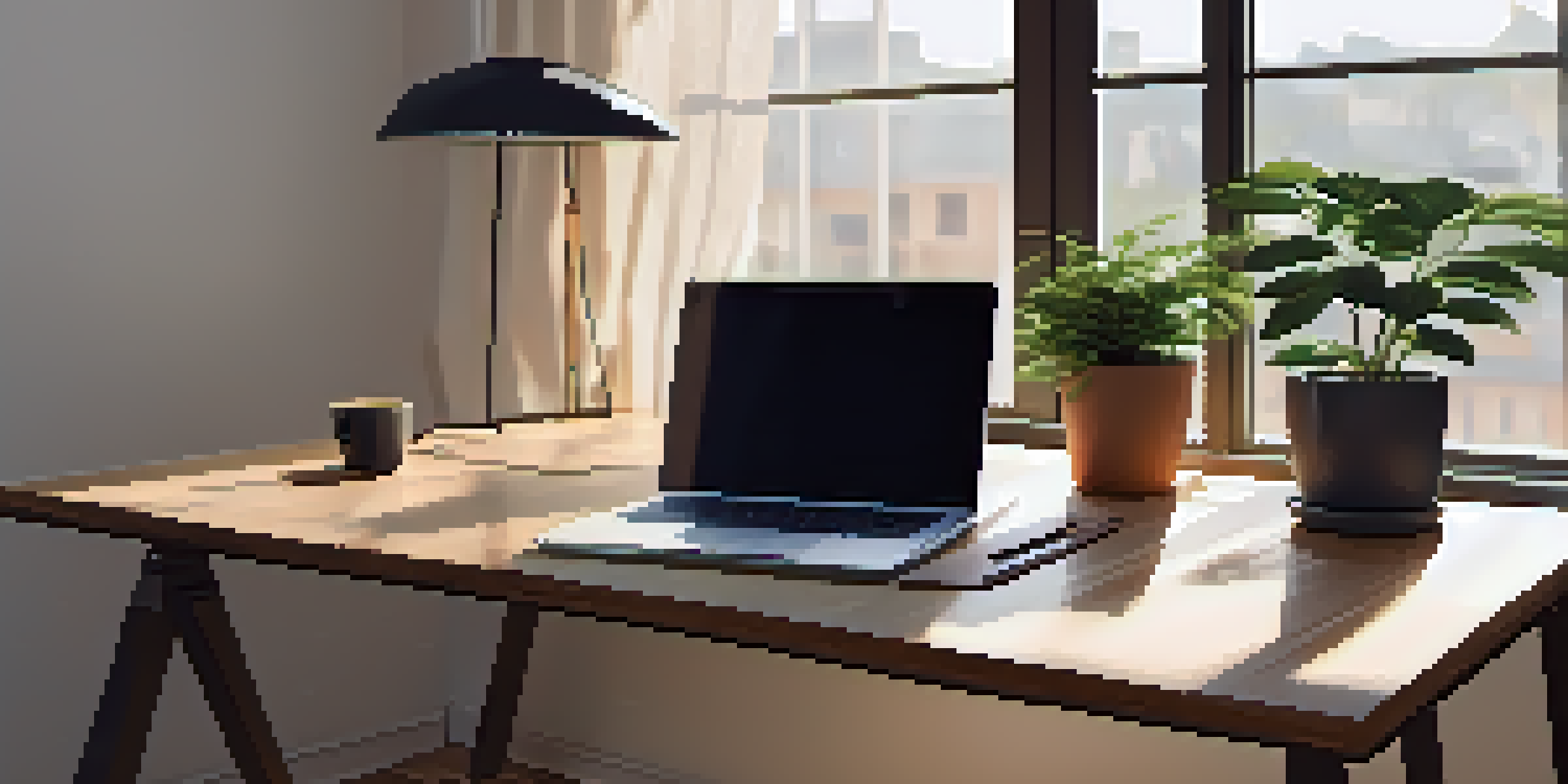 A calm office workspace with a wooden desk, laptop, notepad, coffee cup, and a potted plant, illuminated by sunlight from a large window.