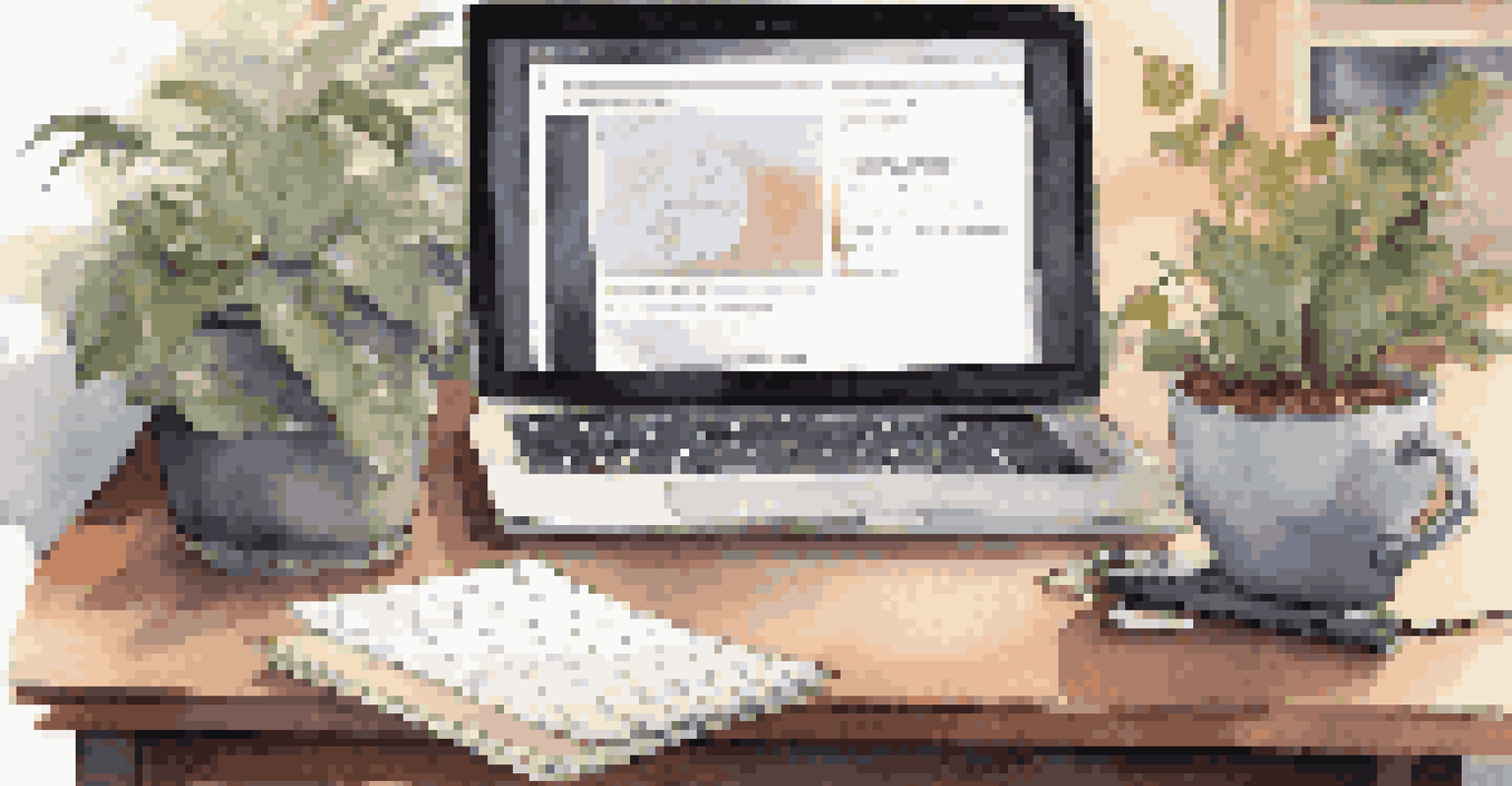 A cozy home office desk with a laptop showing a video conference, a notepad, and a cup of coffee, symbolizing productivity.