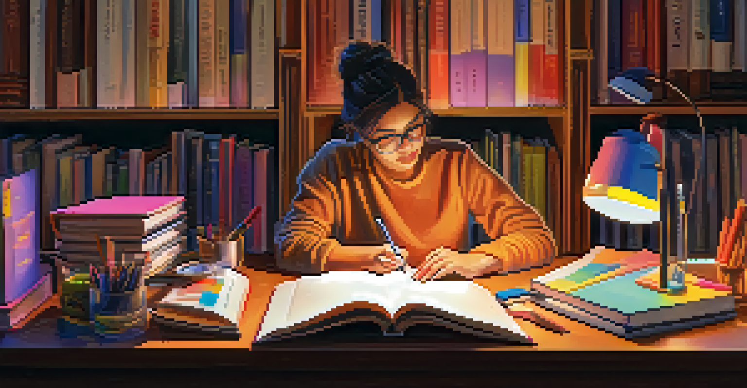 A person writing a glossary of industry terms in a notebook, with highlighters and a cozy study ambiance.