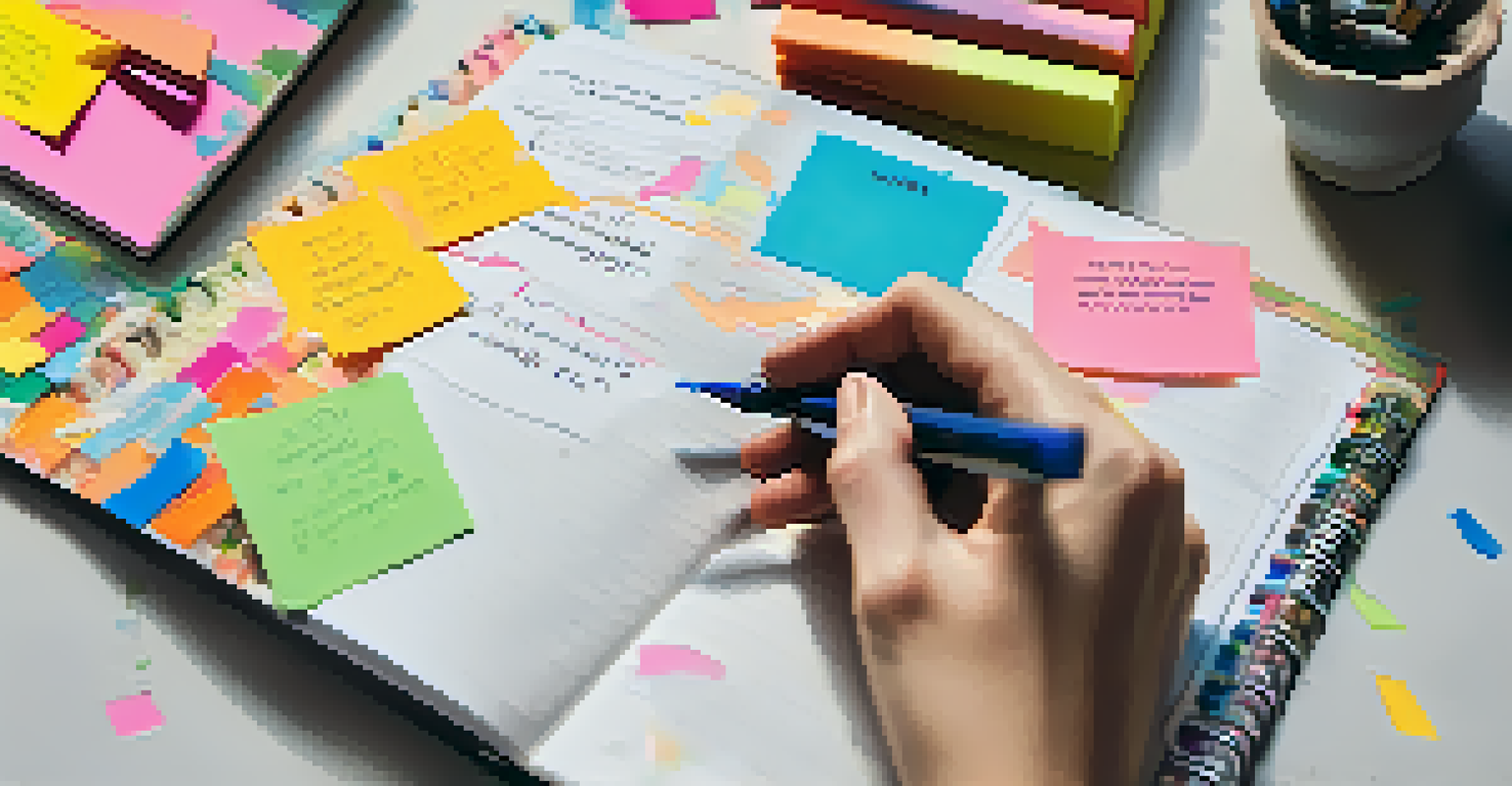 Close-up of hands writing in a notebook with colorful sticky notes and an inspiring vision board in the background.
