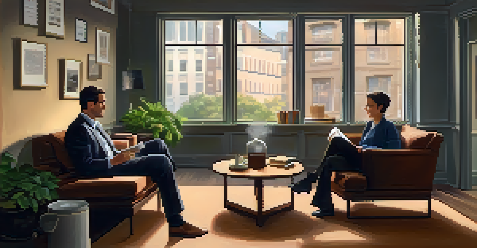 Two colleagues engaged in a one-on-one conversation in a cozy office corner with warm lighting.