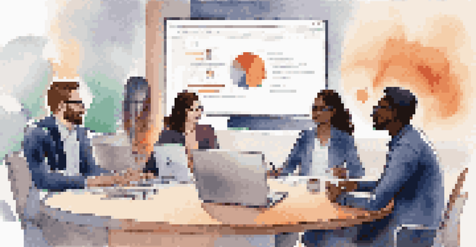 A virtual team meeting with diverse participants engaged in discussion, surrounded by modern office elements.