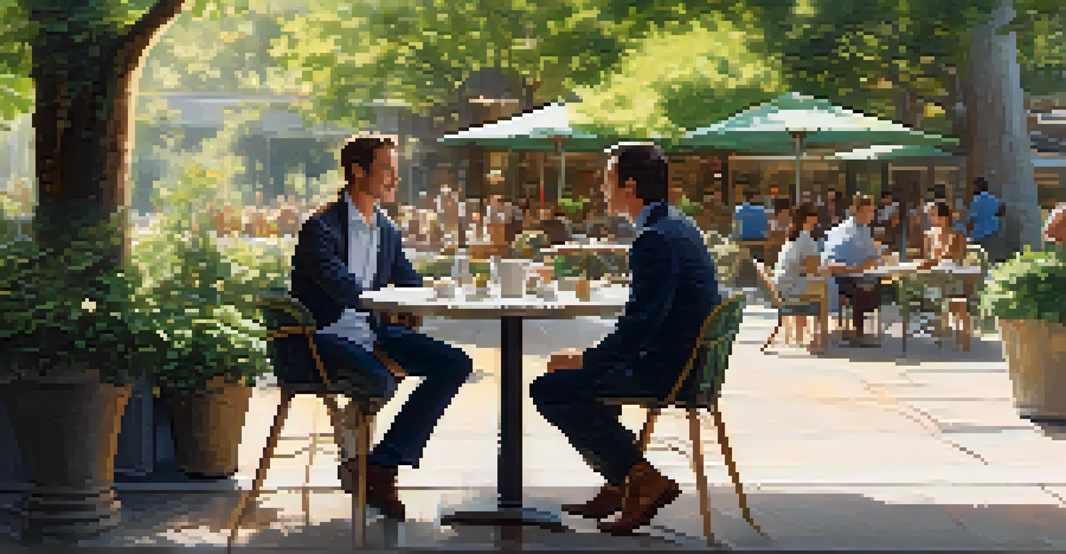Two professionals engaged in an informational interview at an outdoor café, surrounded by greenery and warm sunlight.