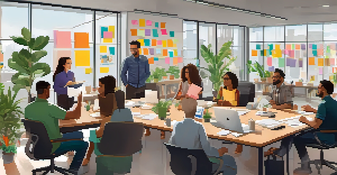 A diverse group of professionals in a bright office, collaborating around a table filled with laptops and sticky notes.