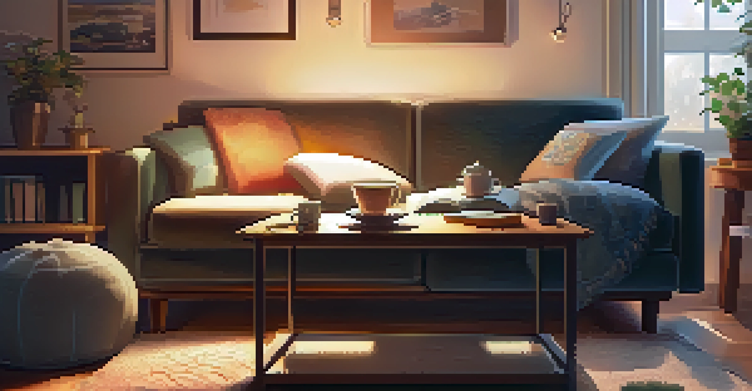 A person reading a book on a couch with a cup of tea, in a cozy and warmly lit living room.
