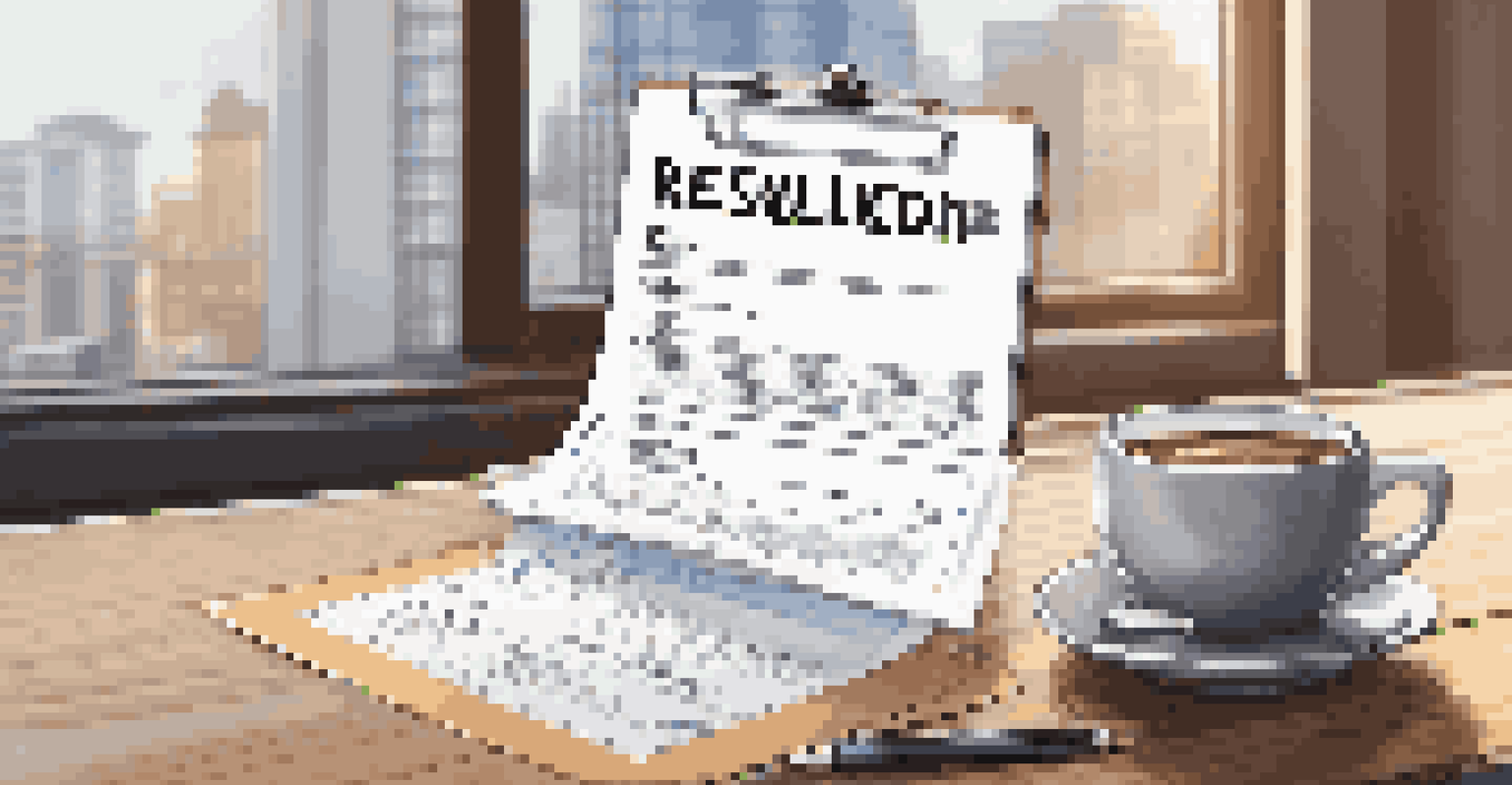 A close-up of a resume and clipboard on a desk, with a coffee cup and city view in the background.