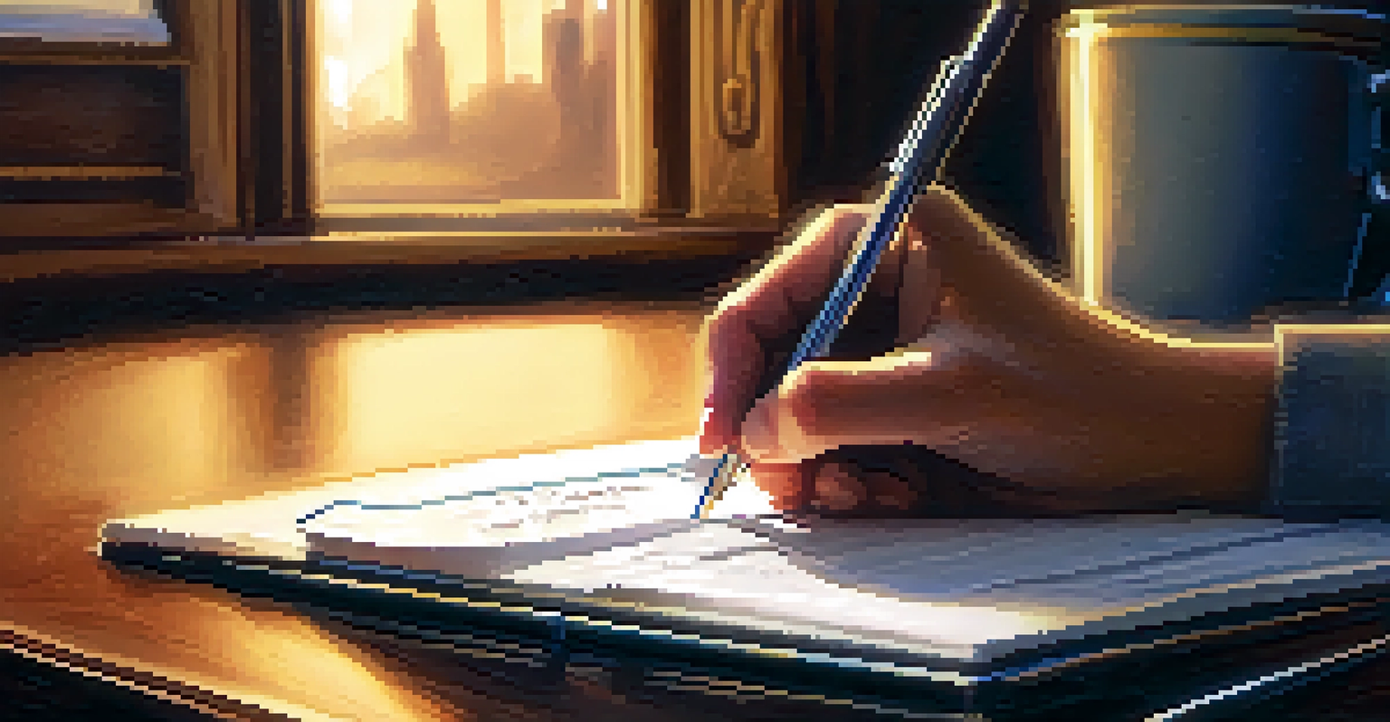 A close-up of a hand writing a follow-up message on a notepad, with notes, a cup of coffee, and a laptop in a cozy setting.