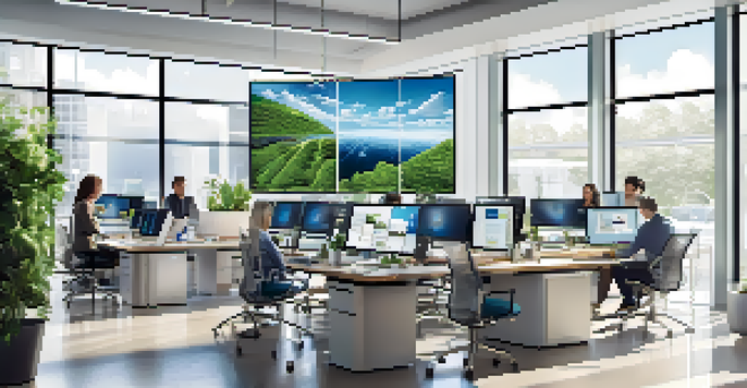 A diverse group of professionals collaborating in a bright modern office with computer screens showing cloud computing graphics.