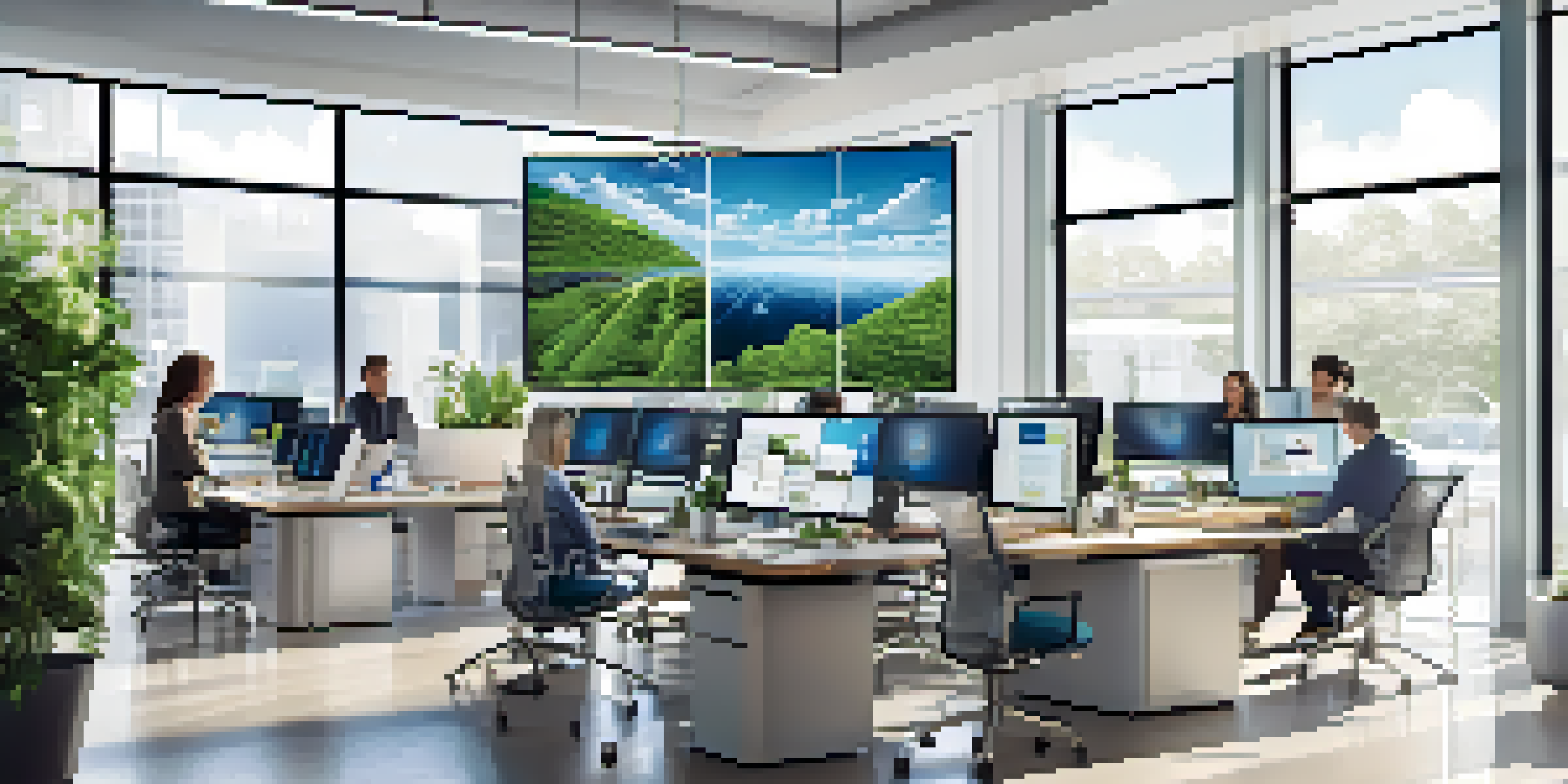 A diverse group of professionals collaborating in a bright modern office with computer screens showing cloud computing graphics.