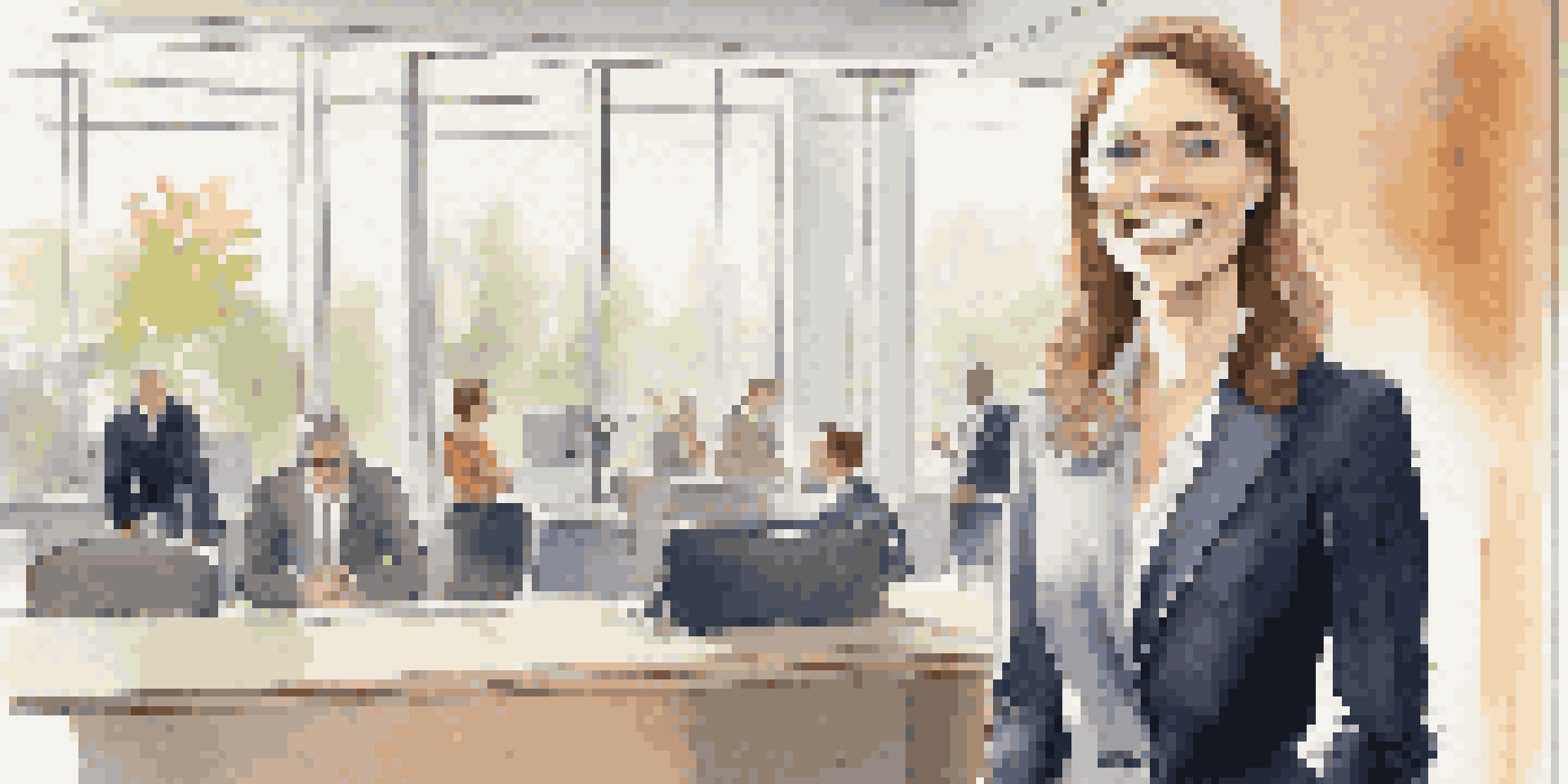 A confident woman entering an interview room with a smile, holding her resume.