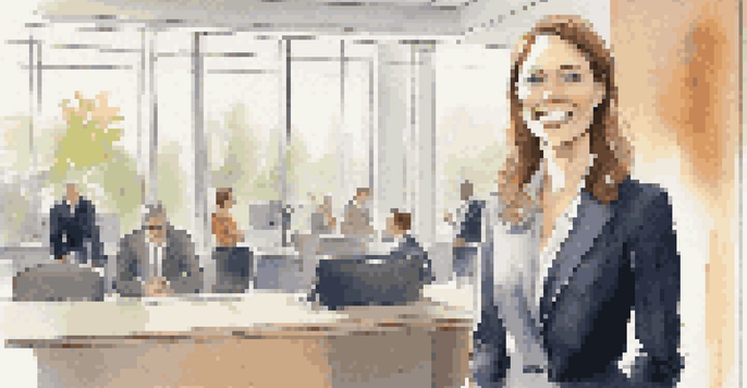 A confident woman entering an interview room with a smile, holding her resume.