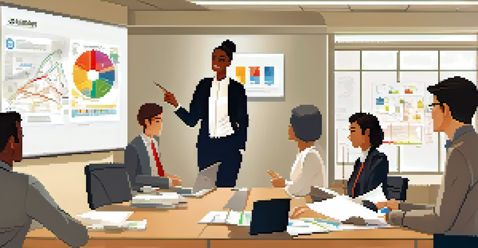 An inspiring leader presenting to a team in an office, with a whiteboard and motivational posters in the background.