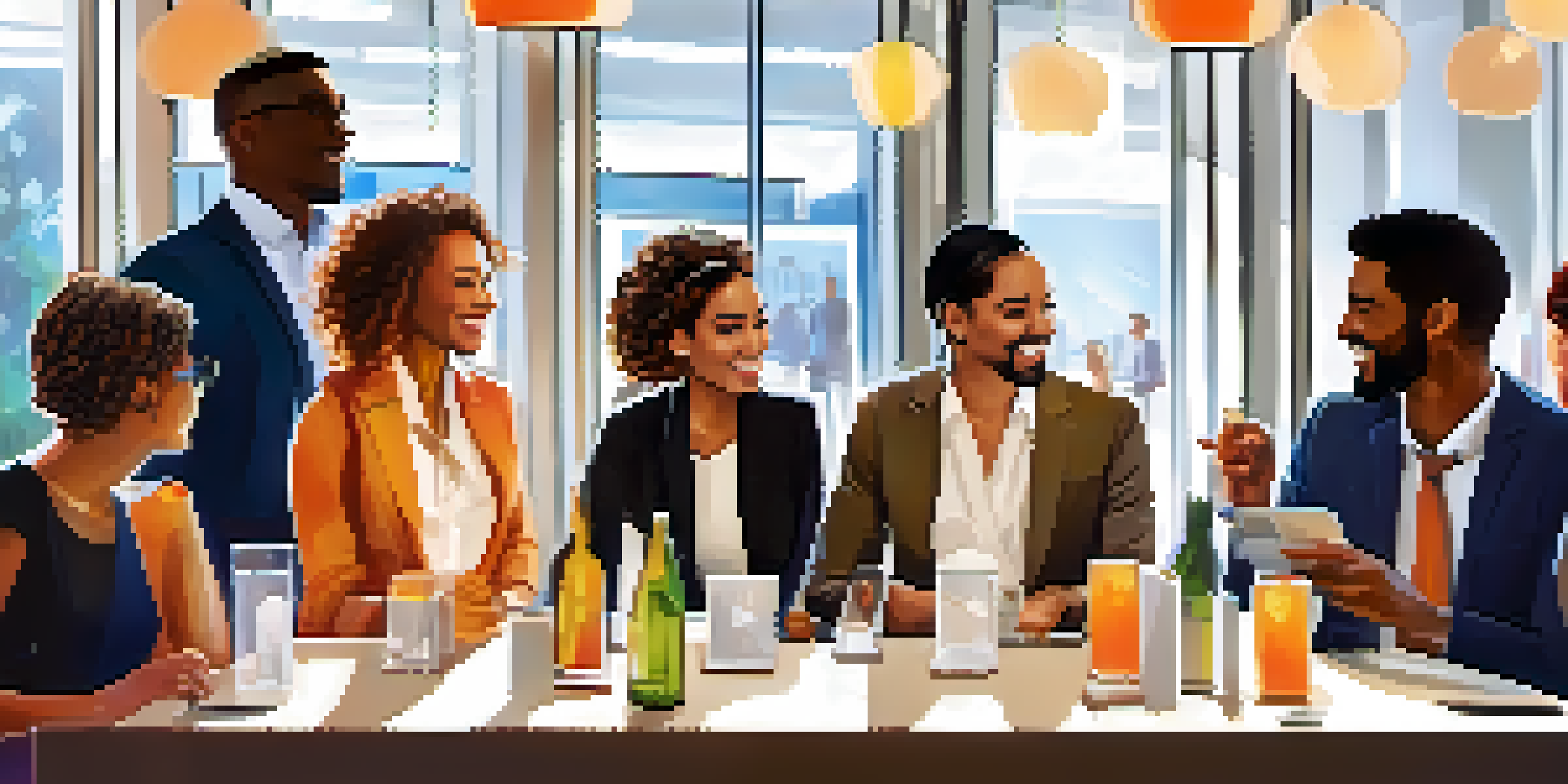 A diverse group of professionals participating in a networking event, exchanging ideas and business cards in a warmly lit environment.