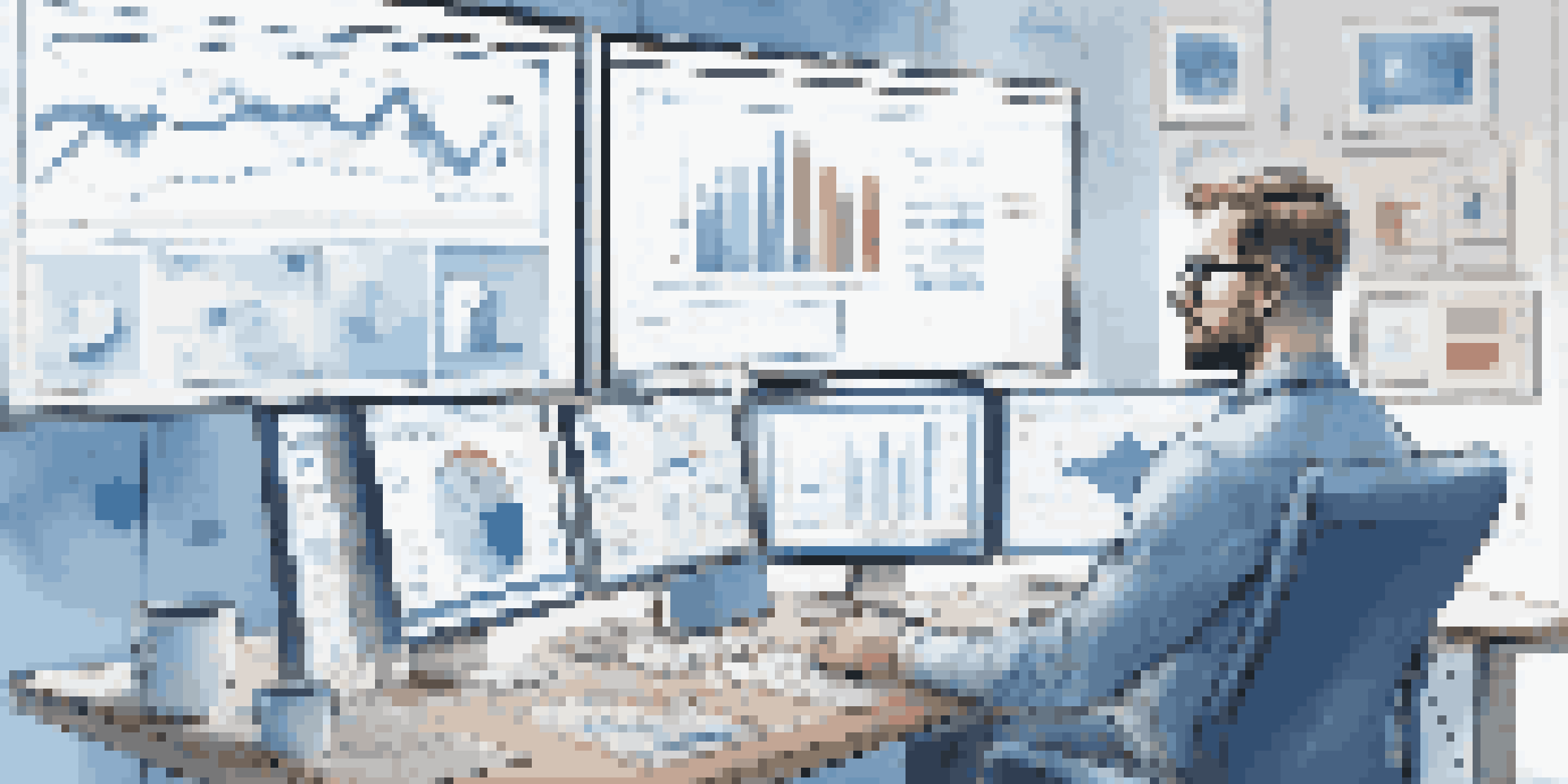 A person working at a desk with multiple screens showing social media analytics, bright natural light, and a notepad with a coffee cup.