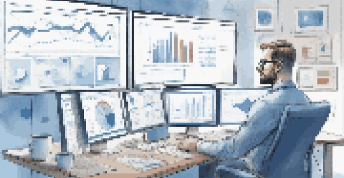 A person working at a desk with multiple screens showing social media analytics, bright natural light, and a notepad with a coffee cup.