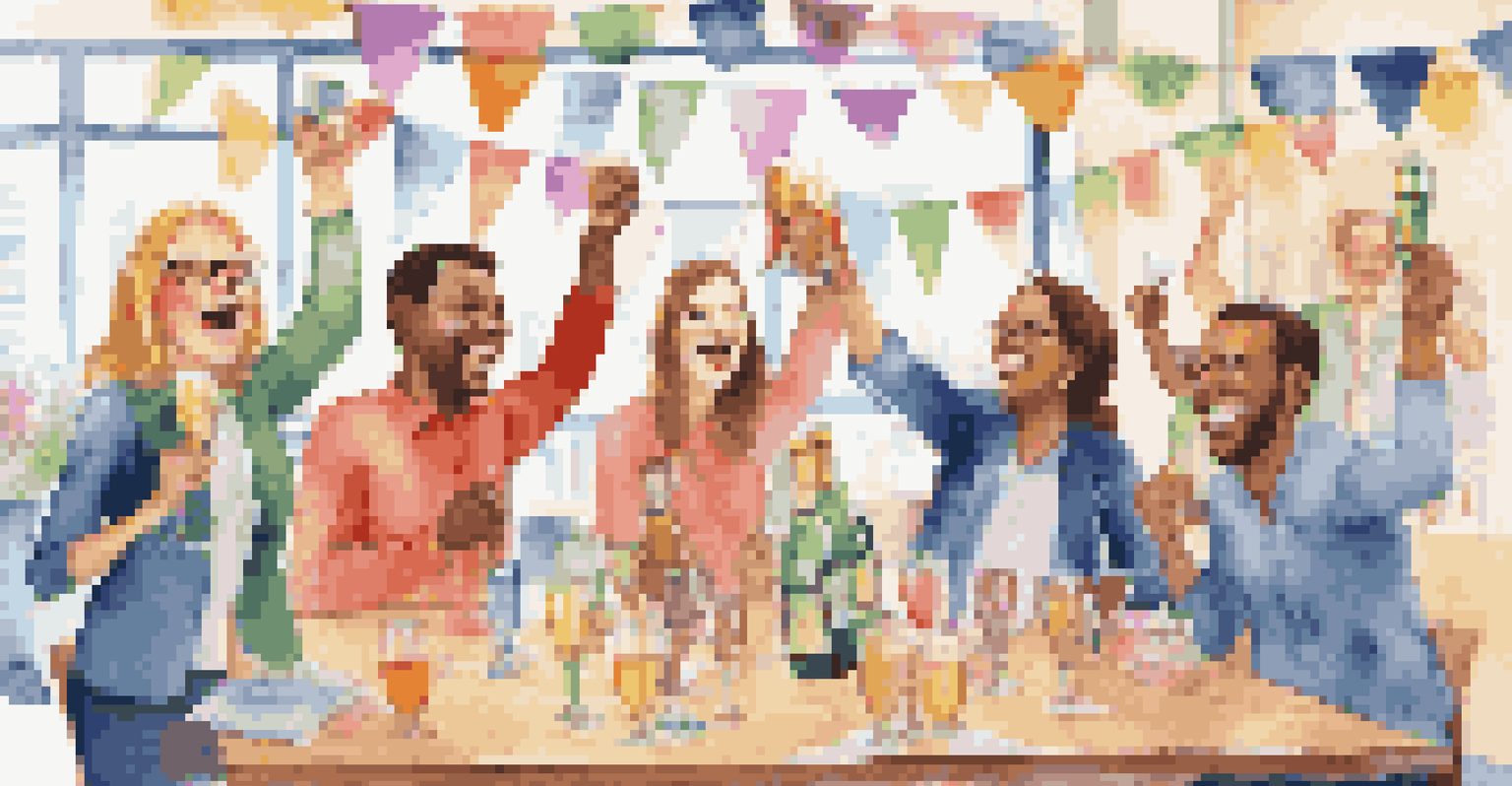 A team celebrating with a toast after completing a project in an office setting.