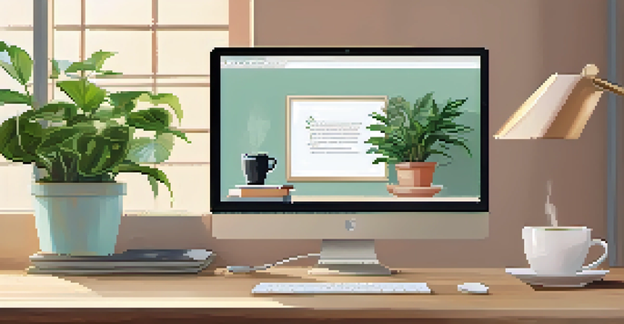 A peaceful office workspace featuring a desk with a laptop and a coffee mug, surrounded by plants and motivational quotes on pastel-colored walls.