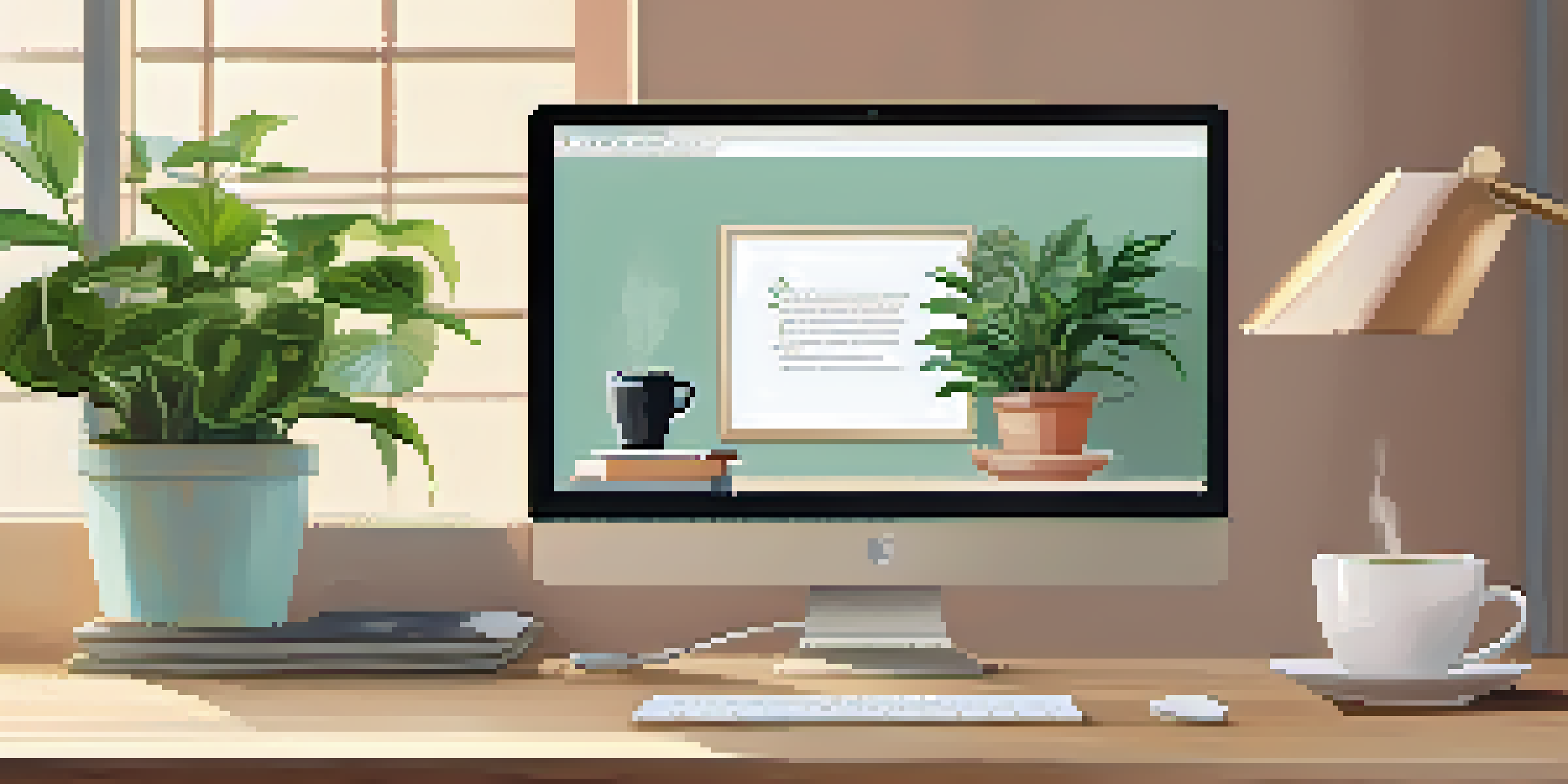 A peaceful office workspace featuring a desk with a laptop and a coffee mug, surrounded by plants and motivational quotes on pastel-colored walls.