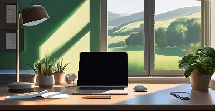 A modern workspace with a laptop, plants, and stationery in soft morning light, with a view of green landscape through a window.