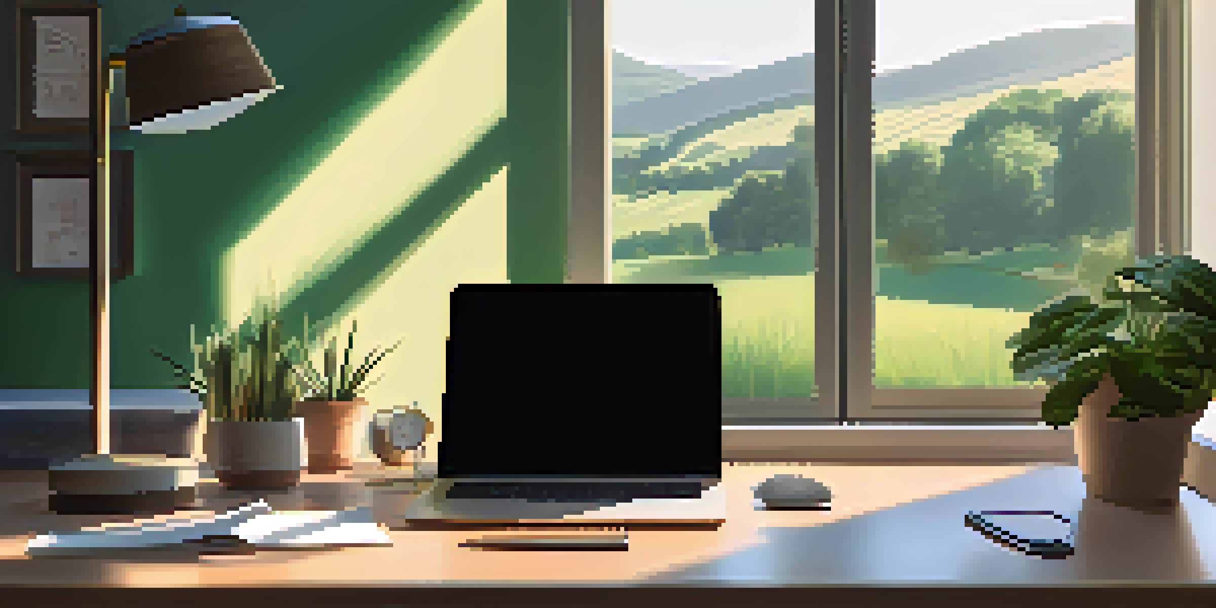 A modern workspace with a laptop, plants, and stationery in soft morning light, with a view of green landscape through a window.