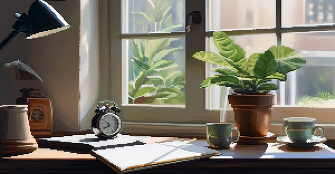 A cozy workspace with a wooden desk, vintage timer, notebook, and coffee cup, illuminated by soft natural light.