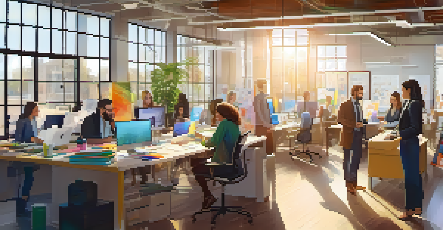 A diverse marketing team collaborating on a project in a bright office space filled with creative displays and mood boards.