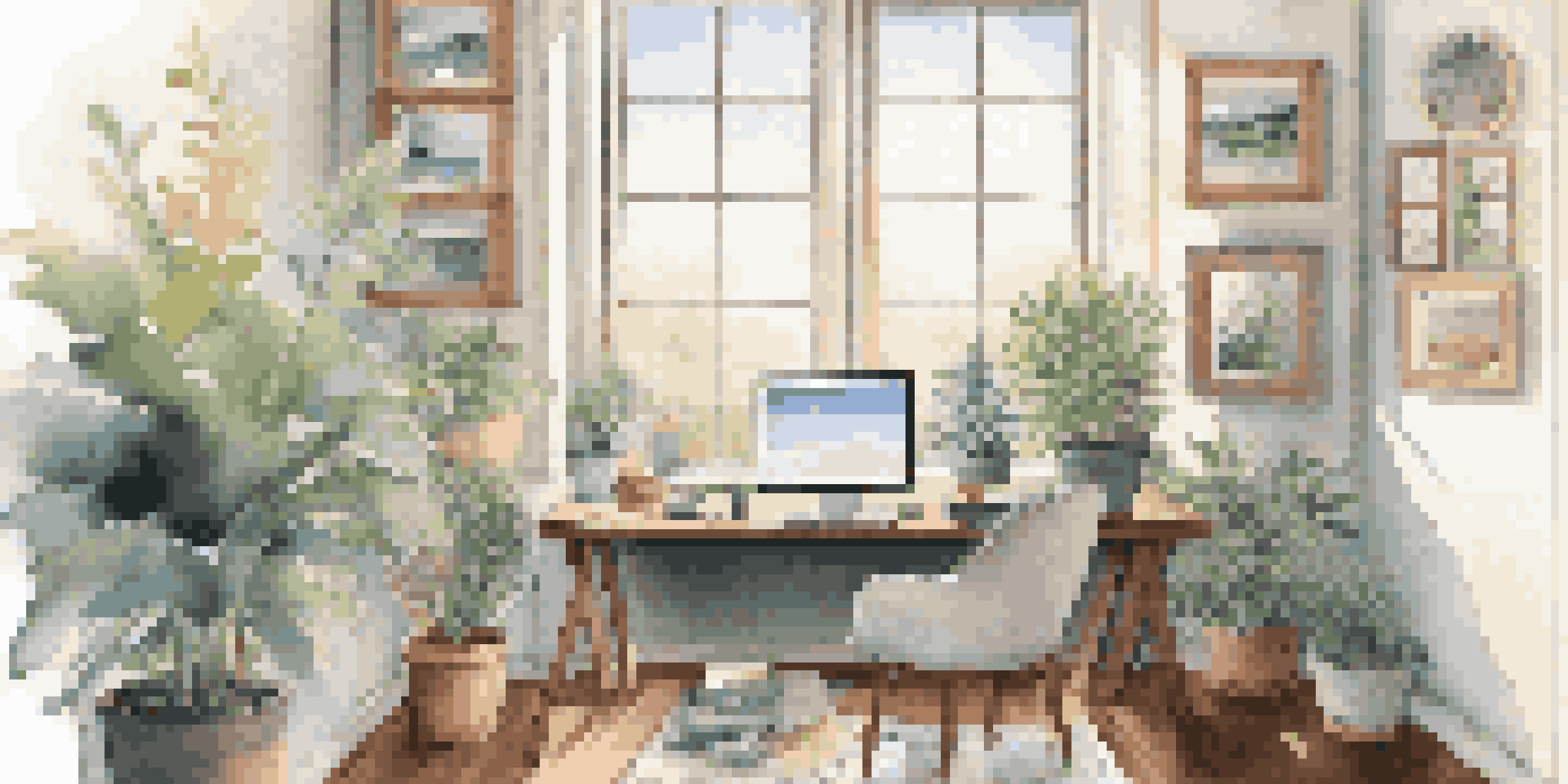 A person in a bright office looking at a vision board with inspiring images and goals, surrounded by a calm atmosphere.