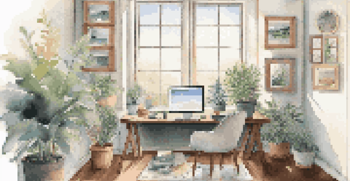 A person in a bright office looking at a vision board with inspiring images and goals, surrounded by a calm atmosphere.