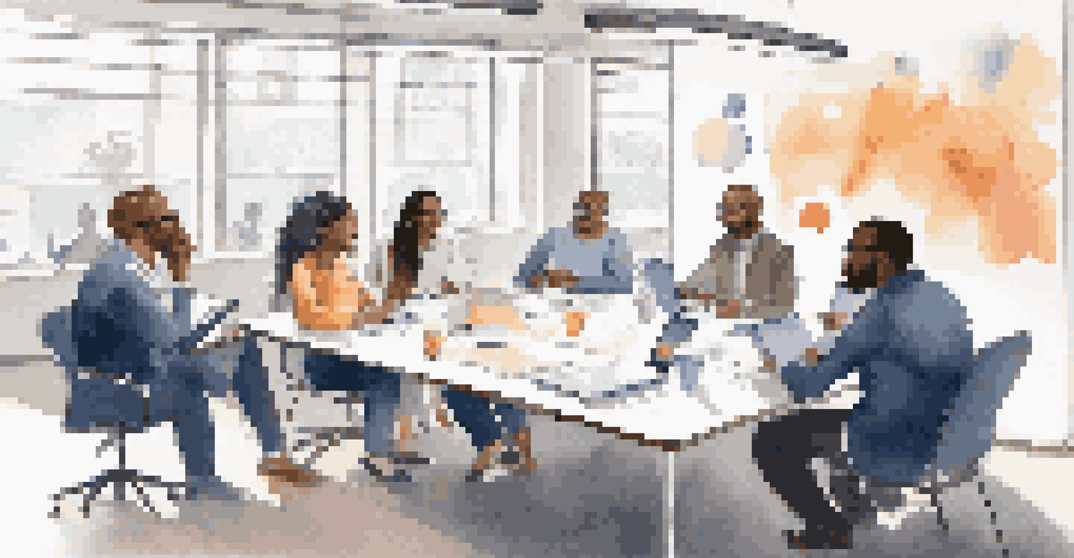 A diverse team collaborating around a conference table with laptops and a whiteboard filled with ideas.