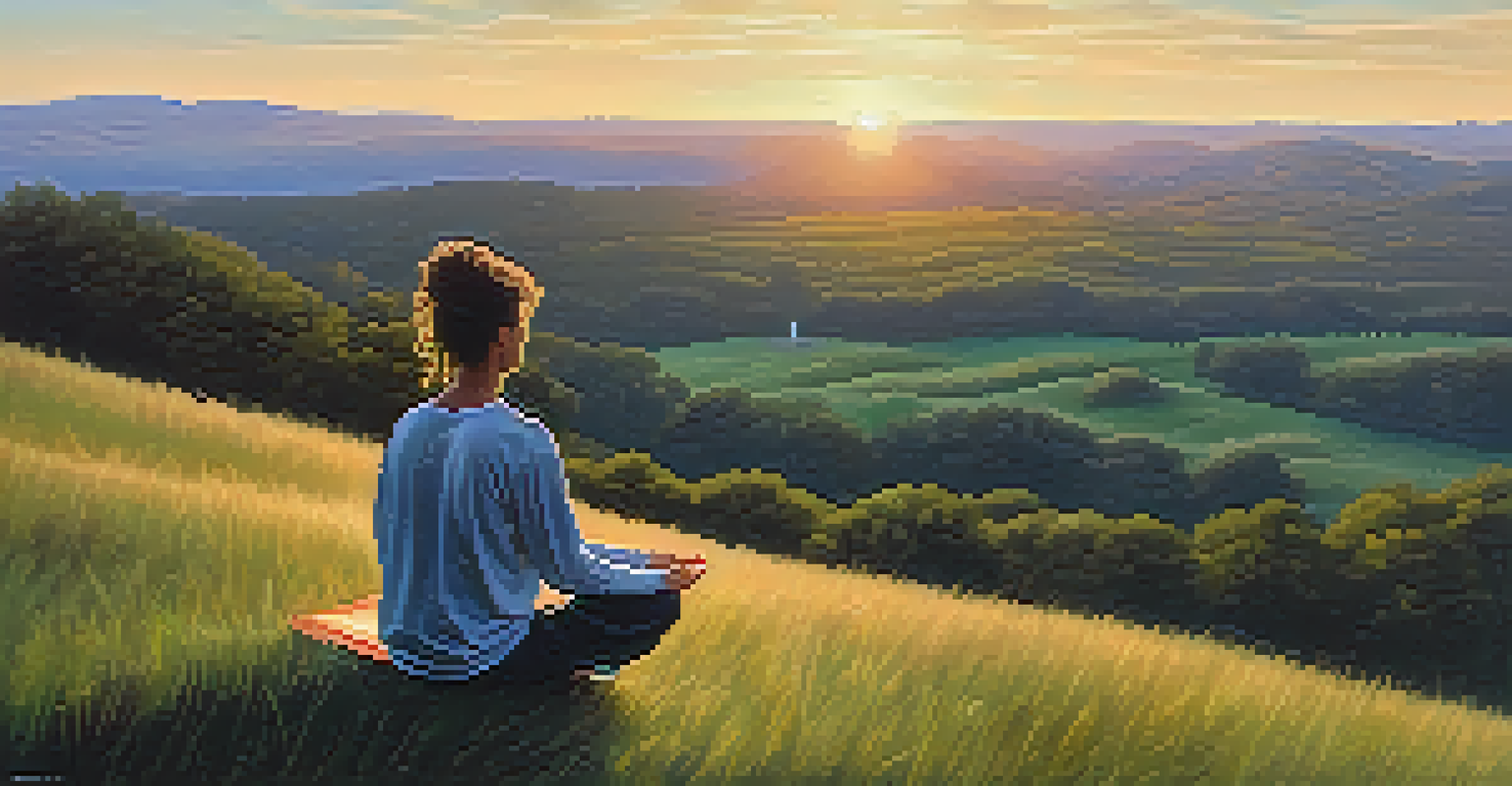 A person practicing mindfulness on a grassy hill surrounded by nature, with a sunset in the background.