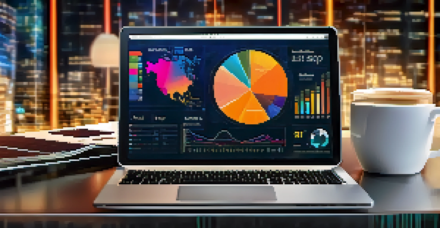 A close-up of a laptop showing colorful data analytics on the screen, with a coffee cup beside it in a modern office setting.