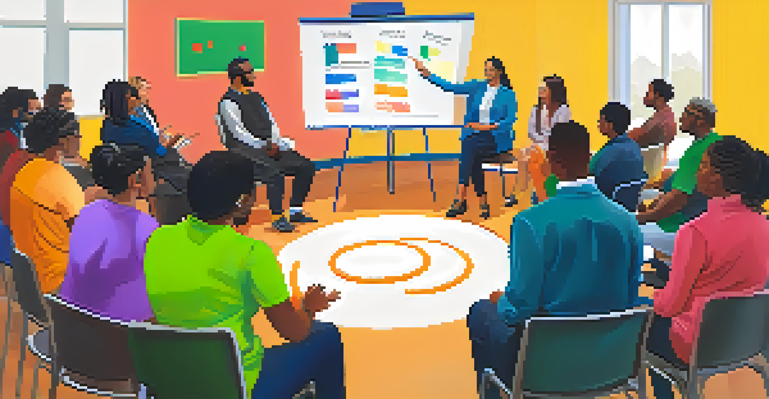 A leadership training workshop with diverse leaders discussing language diversity, with a facilitator using a whiteboard.
