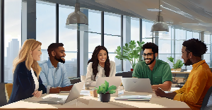 A diverse group of employees engaging in a collaborative discussion around a round table in a bright office, with plants and large windows in the background.