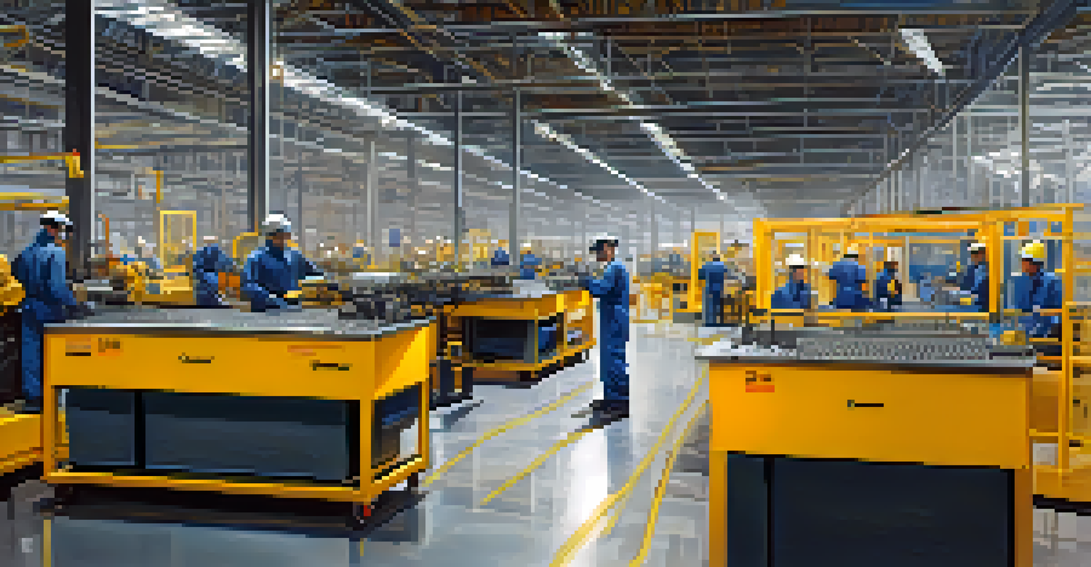 A busy manufacturing floor with workers in protective gear operating machinery and following safety protocols.