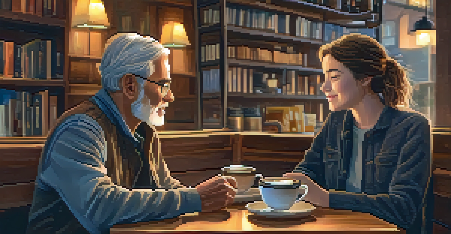 A mentor and mentee engaging in a discussion over coffee in a warm and inviting coffee shop.