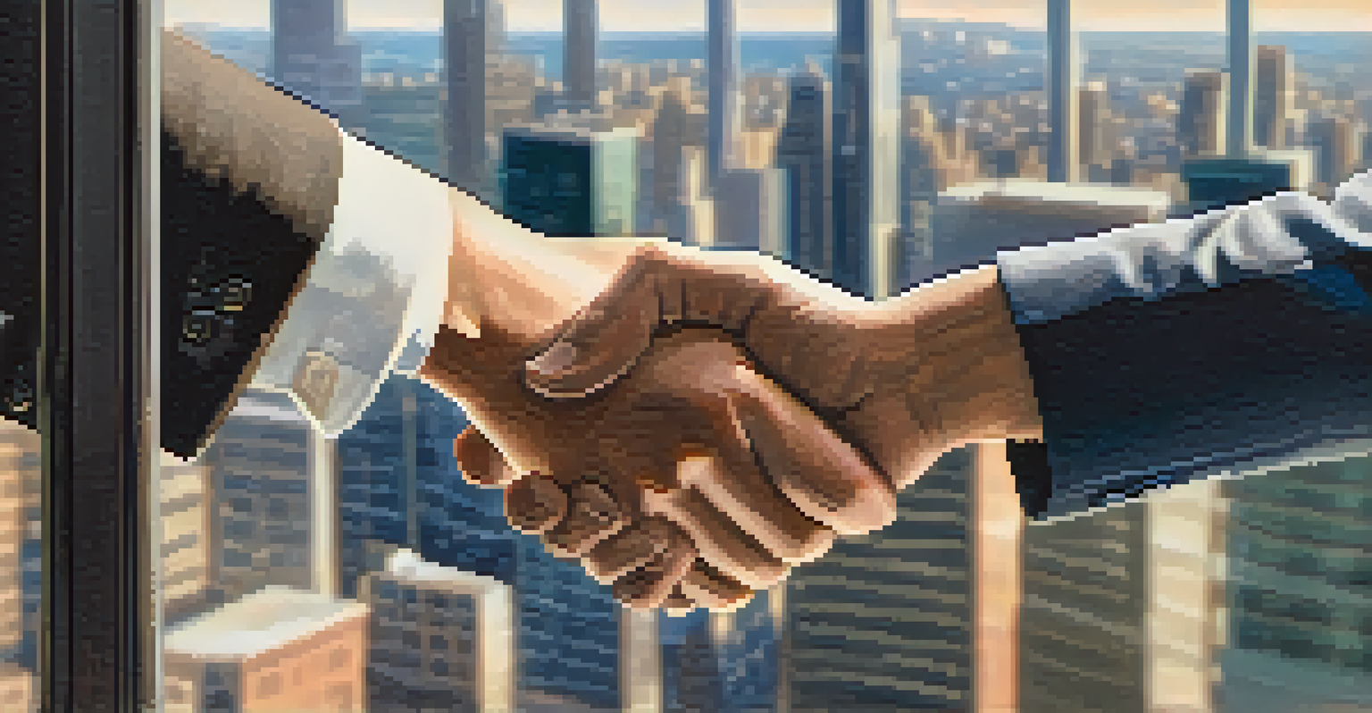 Close-up of two hands exchanging a business card with a city skyline in the background, symbolizing networking and connection.
