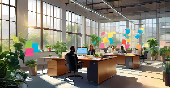 A diverse group of professionals collaborating in a bright office space with a large table, colorful sticky notes, and plants.