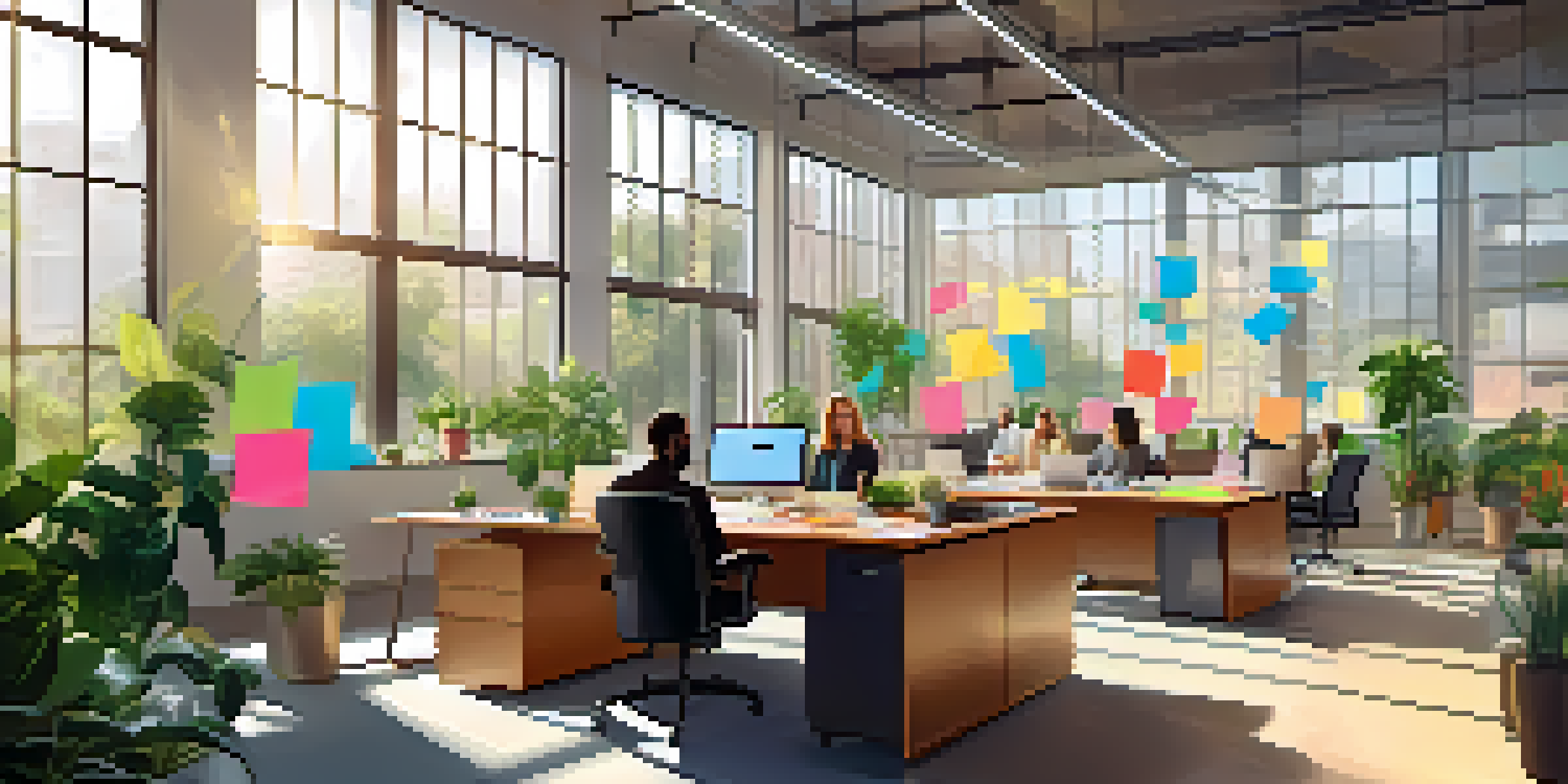 A diverse group of professionals collaborating in a bright office space with a large table, colorful sticky notes, and plants.