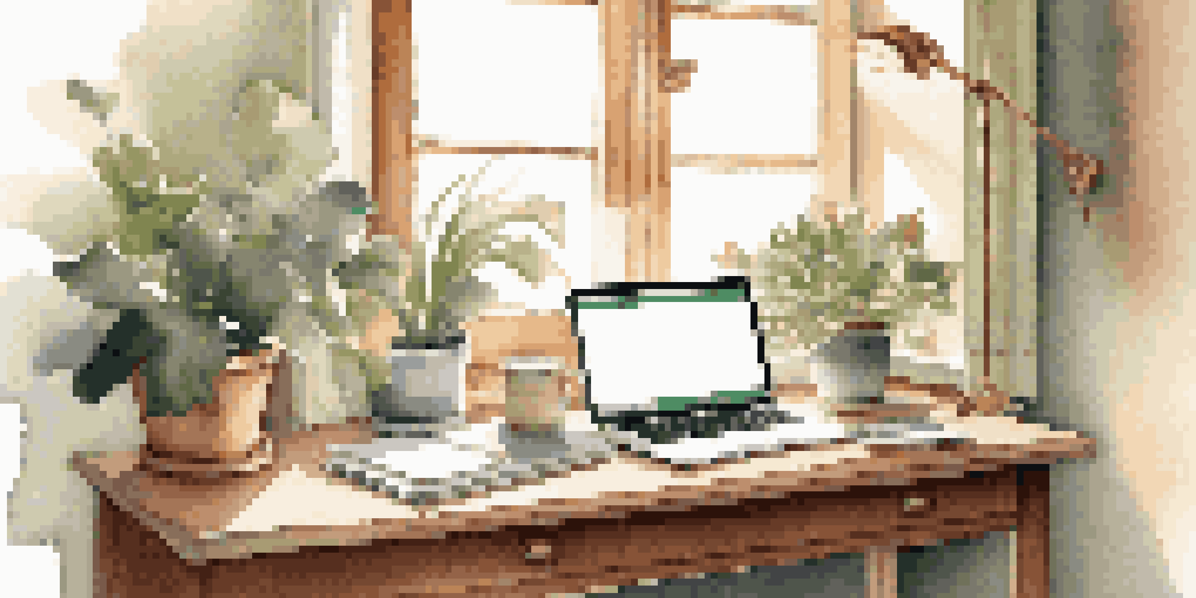 A peaceful workspace with a laptop, potted plant, and notebook on a wooden desk, illuminated by soft morning light.