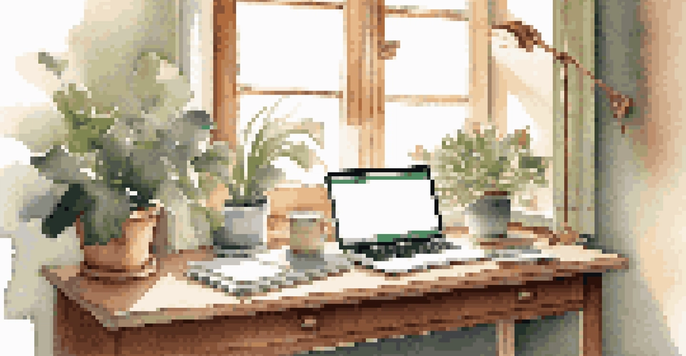A peaceful workspace with a laptop, potted plant, and notebook on a wooden desk, illuminated by soft morning light.