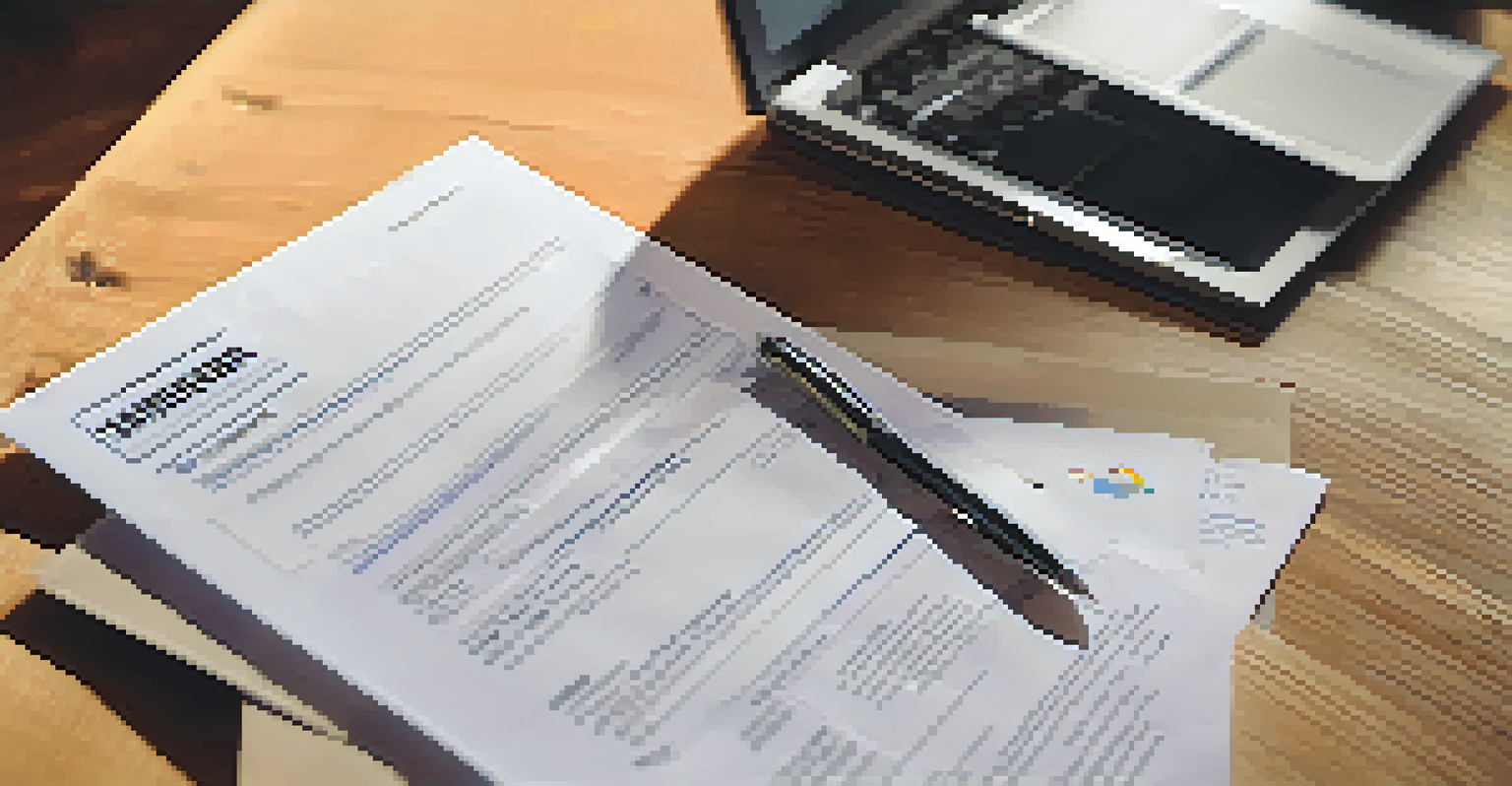 A close-up of a job application with a resume and cover letter on a wooden table beside a pen and a laptop.